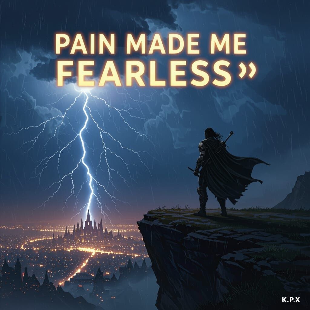 Lone Warrior on Cliff Under Stormy Sky with City Lights