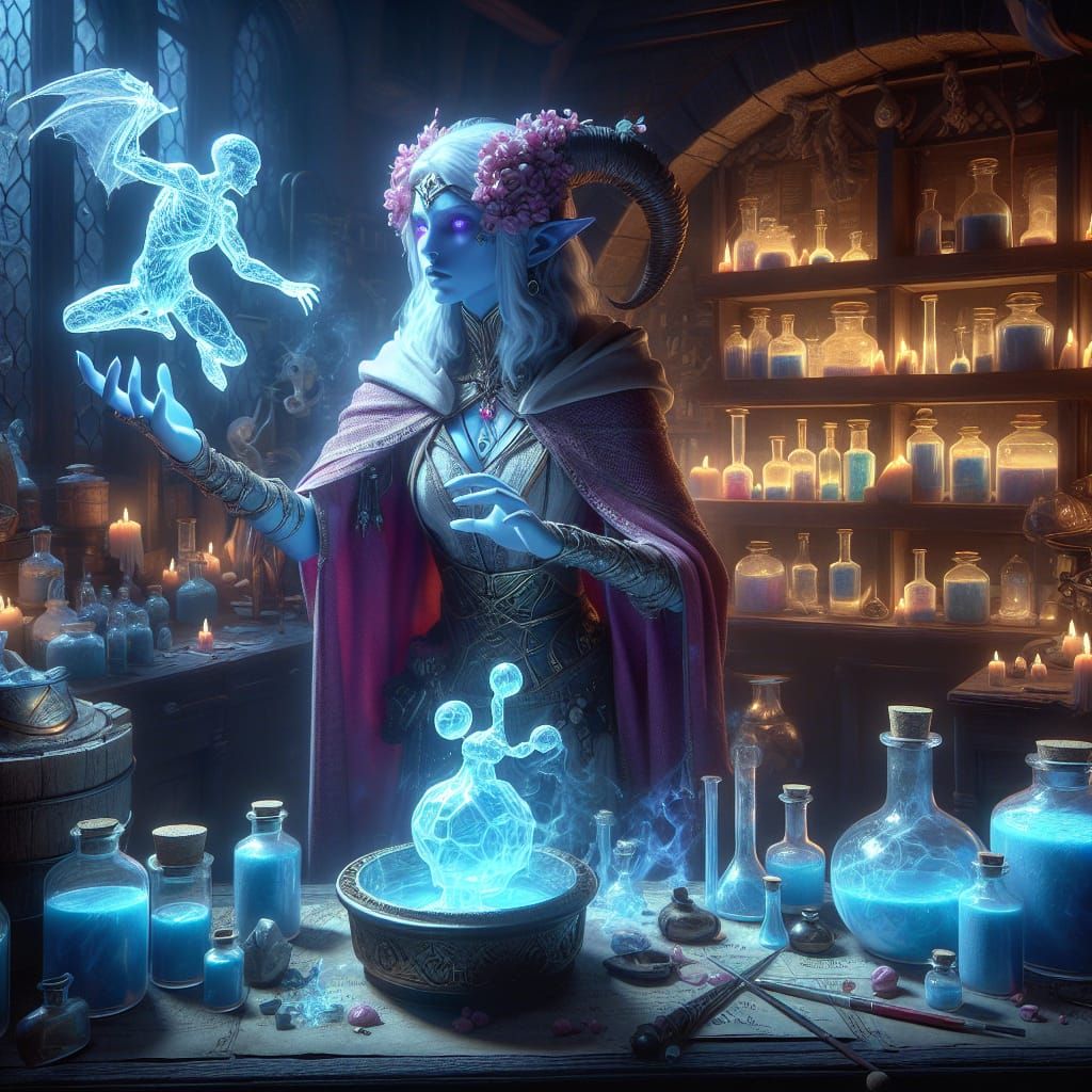 Tiefling Mage Creates Glass Golem in Dark Fantasy Art