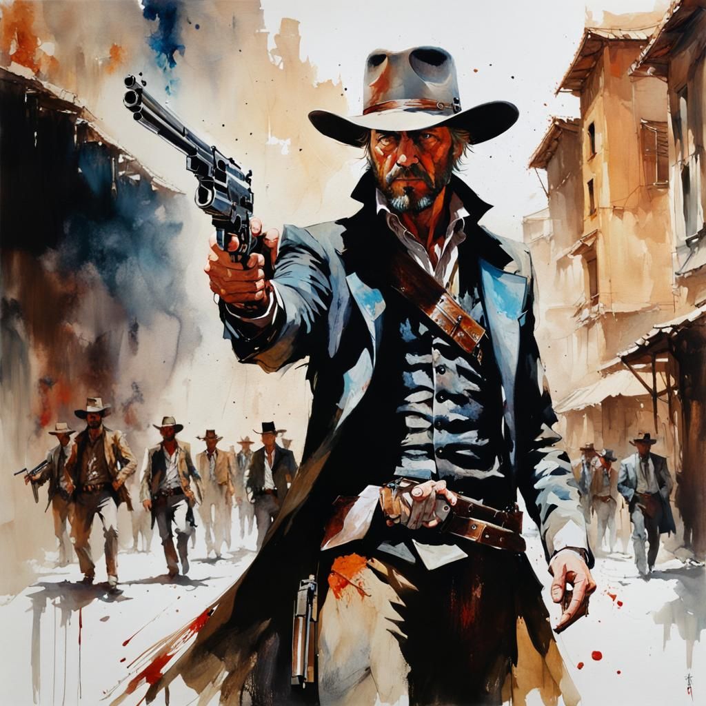 Gunslinger in Wild West Town: Surreal Alcohol Ink Art
