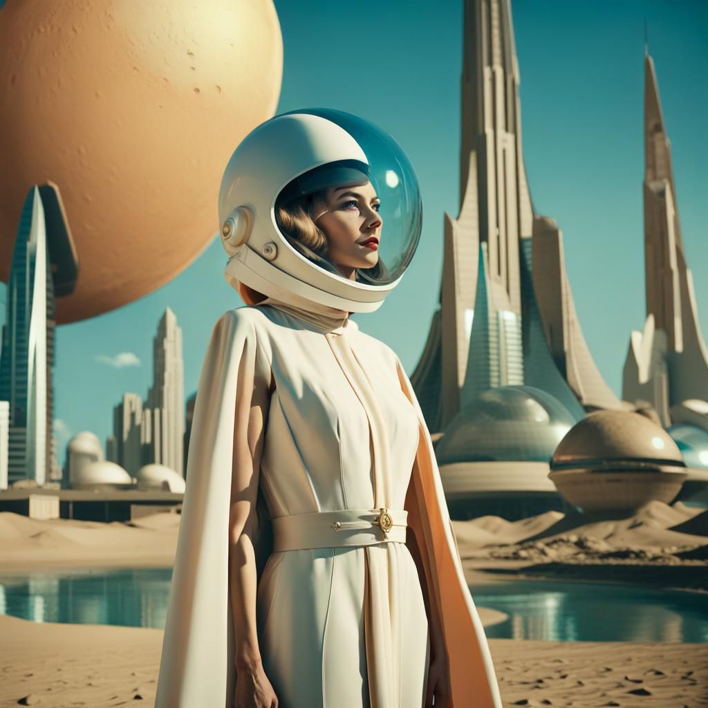 Elegant Woman on Alien Planet in 1950s Sci-Fi Style