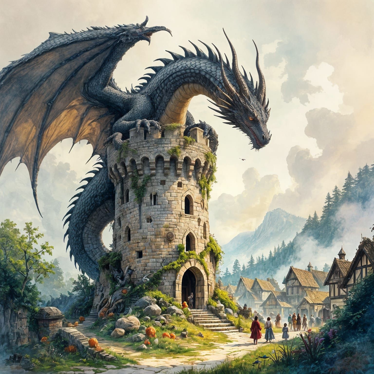 Ancient Dragon Coiled Around Tower, Watercolor Painting