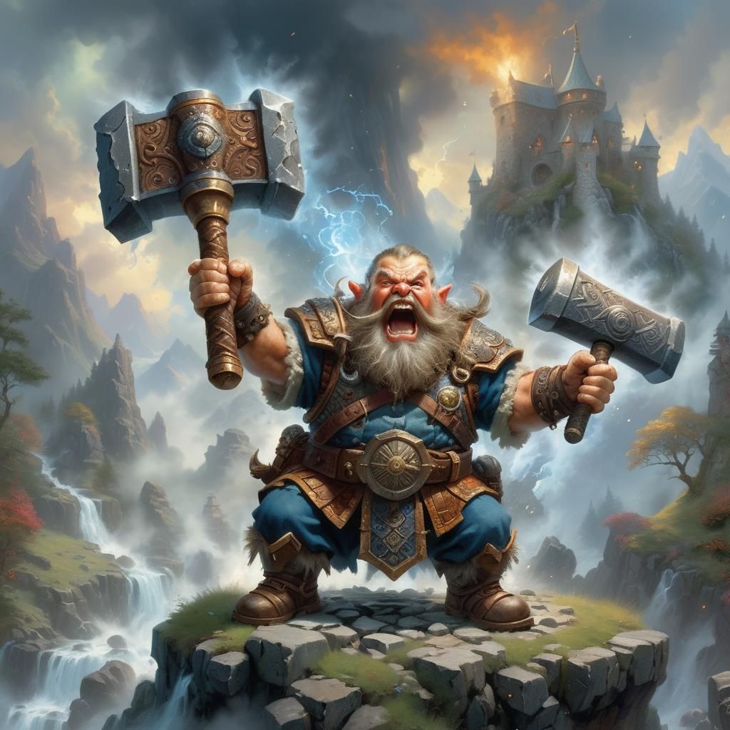 Furious Dwarf Warrior in Ethereal Fantasy Landscape