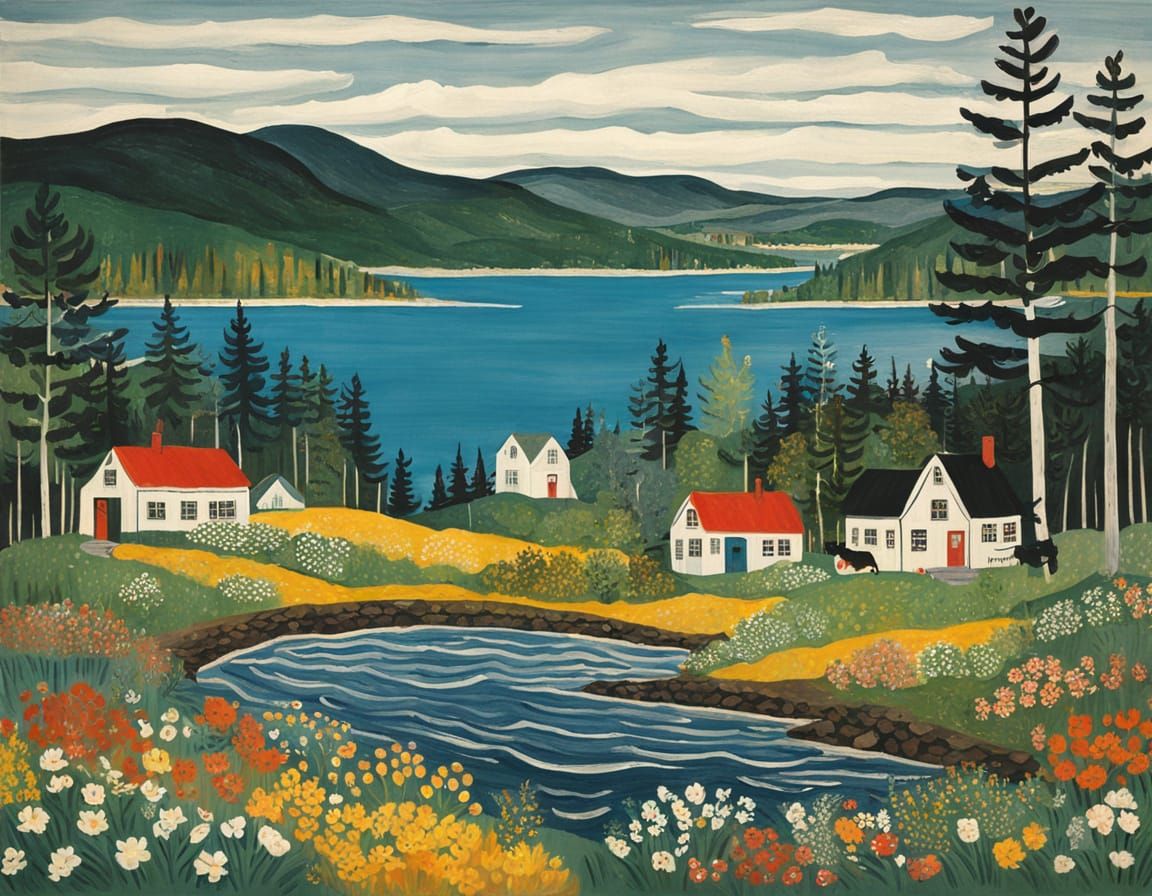 Rustic Nova Scotian Landscape in Traditional Folk Art Style