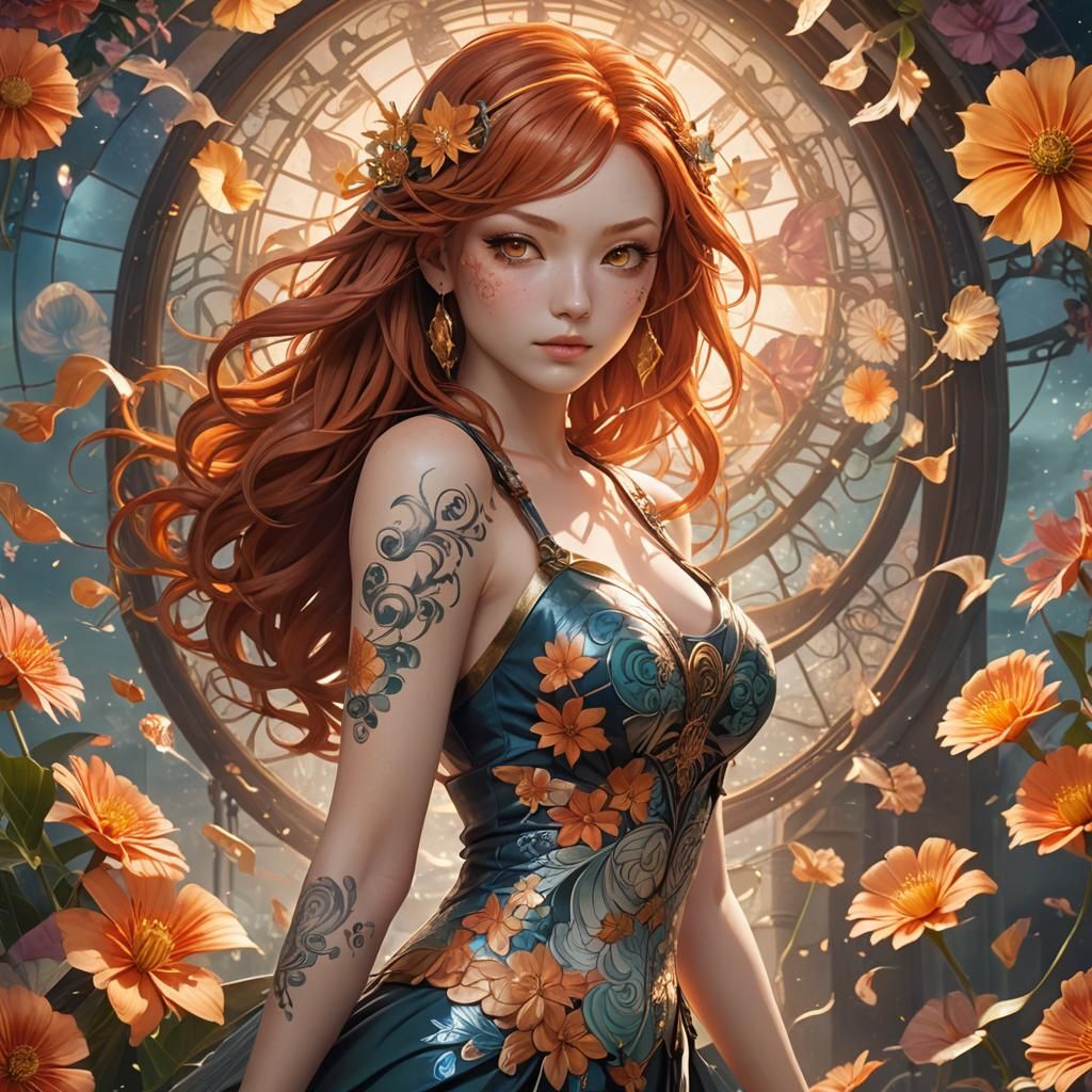 Glamorous Ginger-Haired Woman in Anime Style