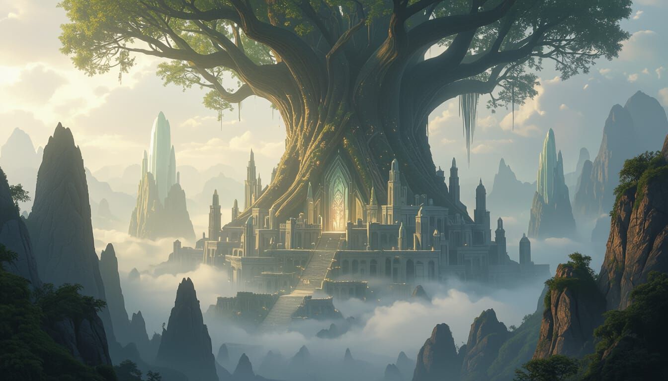 Elven City in Crystalline Trees, Epic Fantasy Landscape
