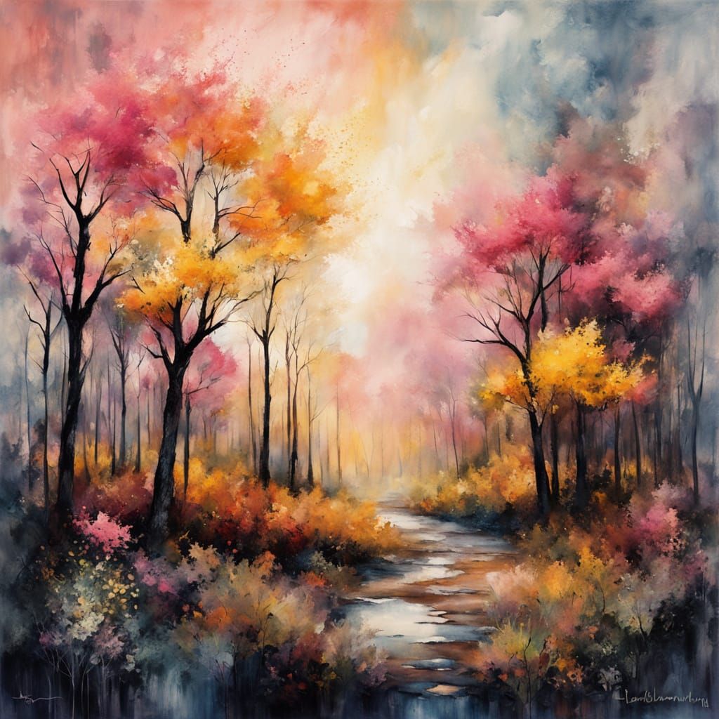 Expressionist Impasto Painting of Ethereal Amber Mist and Pi...