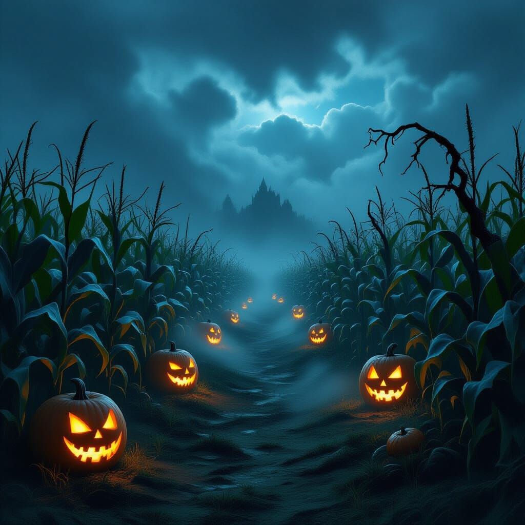 Giant Haunted Corn Maze in Stormy Twilight