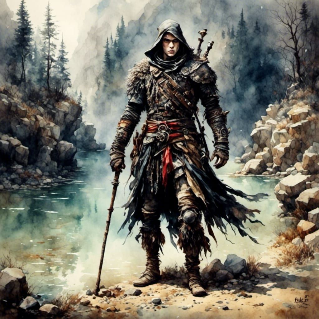 Solitary Creature in Antique Watercolor Landscape