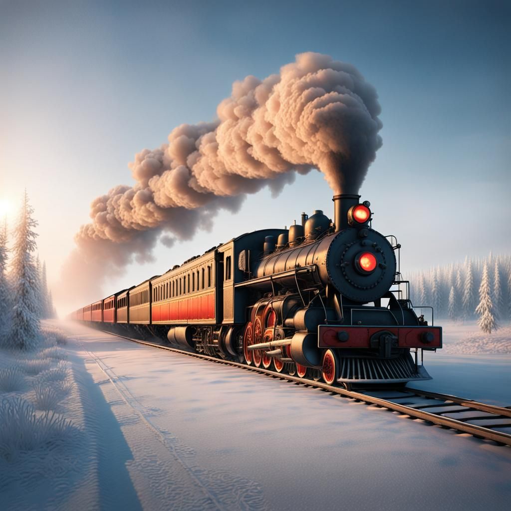Vintage Steam Train in Siberian Winter Landscape