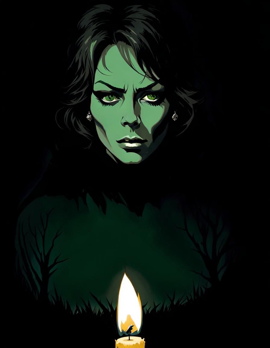 Frightened Woman with Candle in Dark Cave Illustration