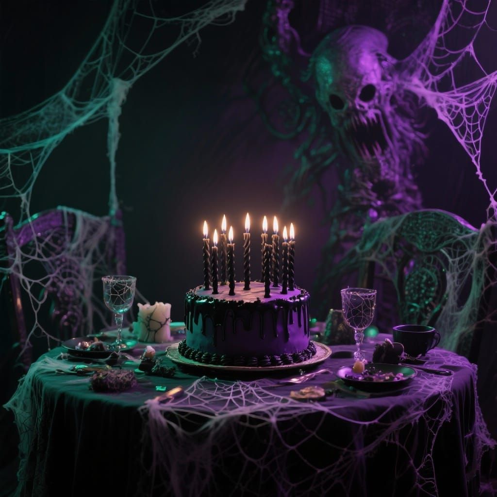 Ominous Birthday Cake with Flickering Black Candles