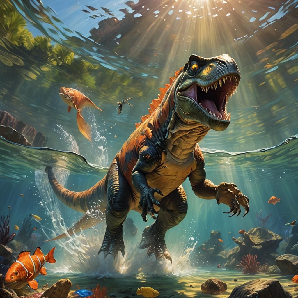 Nemo Escaping T-Rex: Vivid Oil Painting