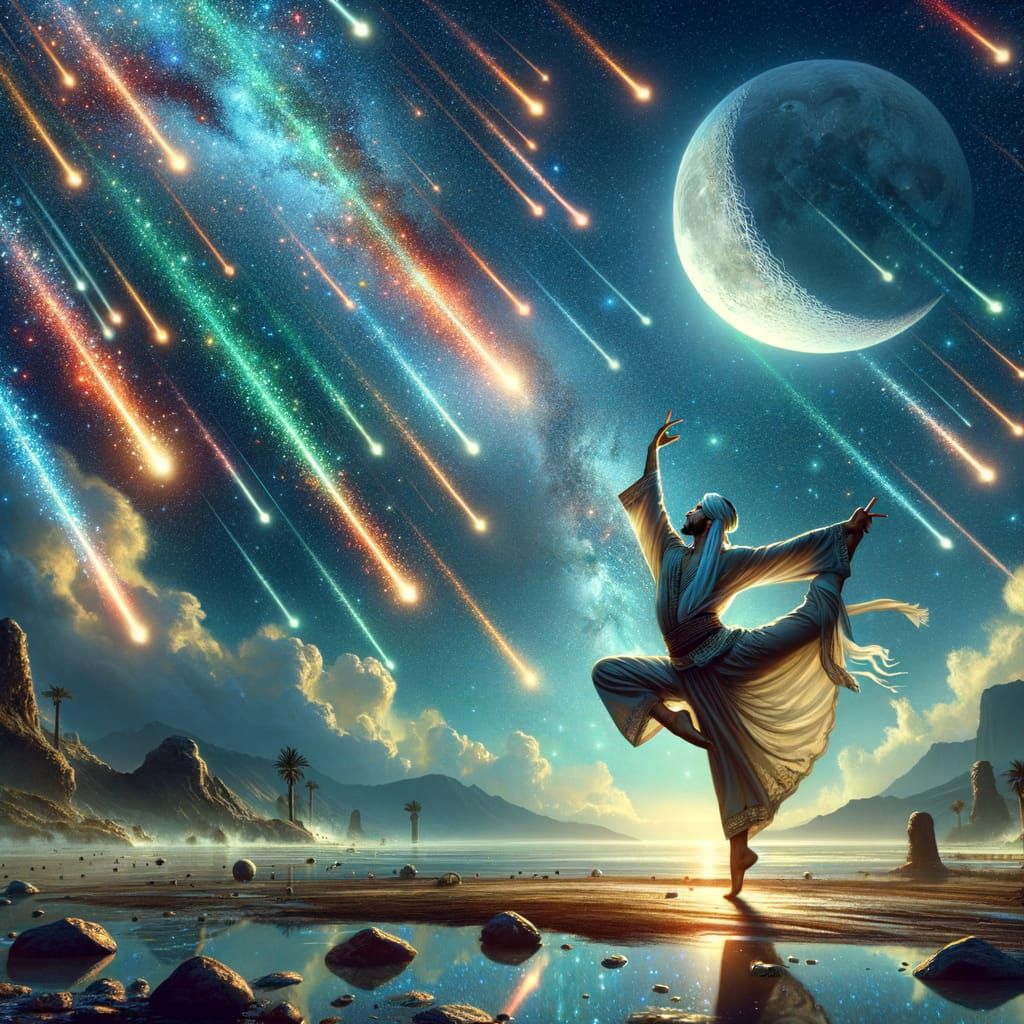 Gymnast in Moonlight Under Meteor Shower