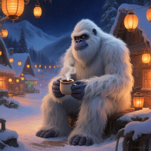 Colossal Yeti Enjoys Coffee in Lantern-Lit Village