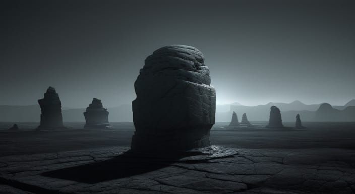 Mysterious Stone on Desolate Plain in Mystical Digital Art S...