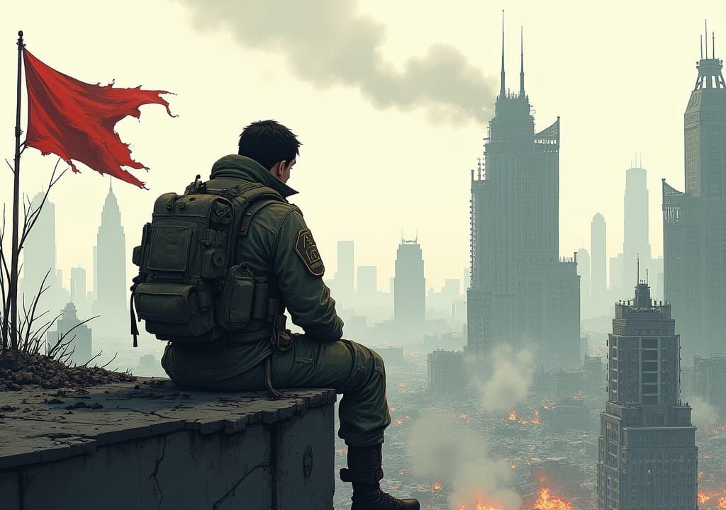 Devastated Cityscape: Military Officer in Manga Style