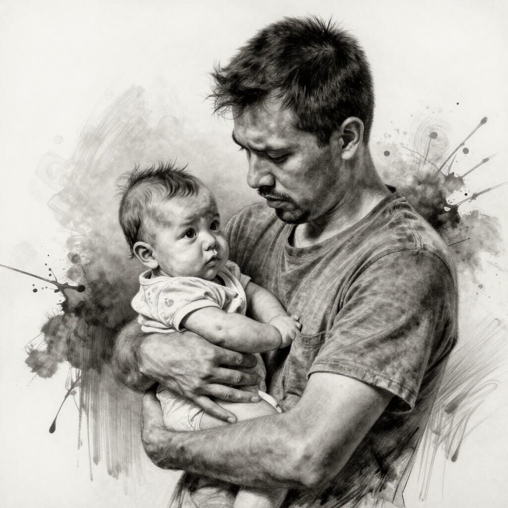 Father Holds Baby in Detailed Charcoal Sketch