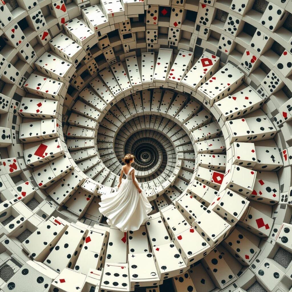 Woman Ascending Domino Staircase in Escher Style