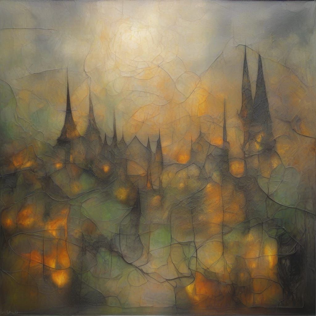 Ethereal Village Landscape in Abstract Expressionism