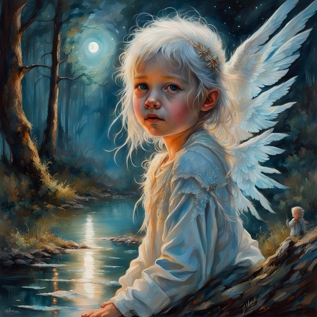 Guardian Angel Watching Over Children: Fantasy Art