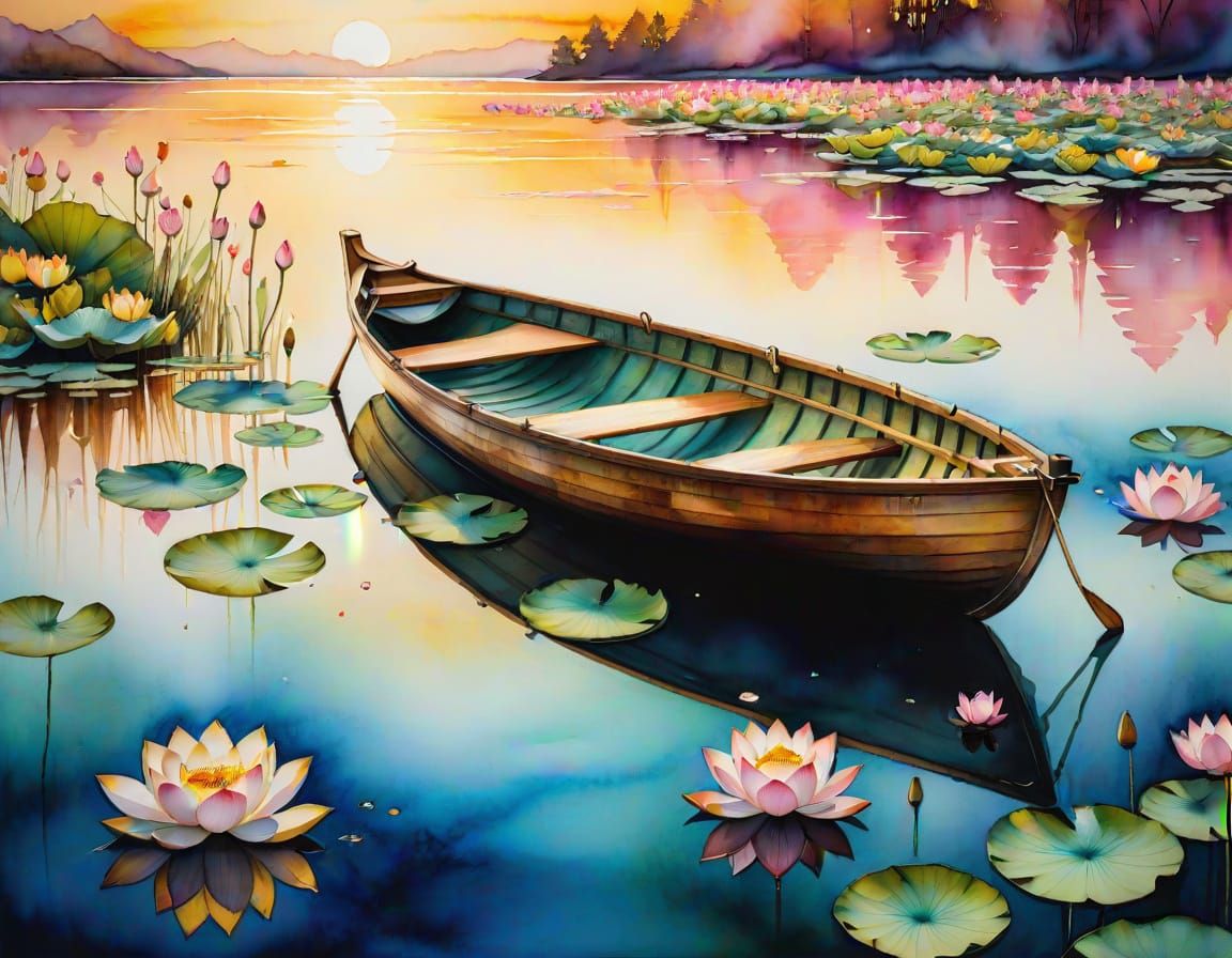 Dreamy Rowboat on Lotus Lake in Alcohol Ink