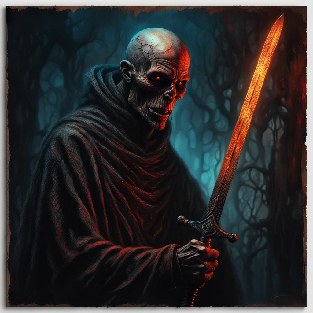 Ghoulish Man with Cursed Sword in Dark Surrealism