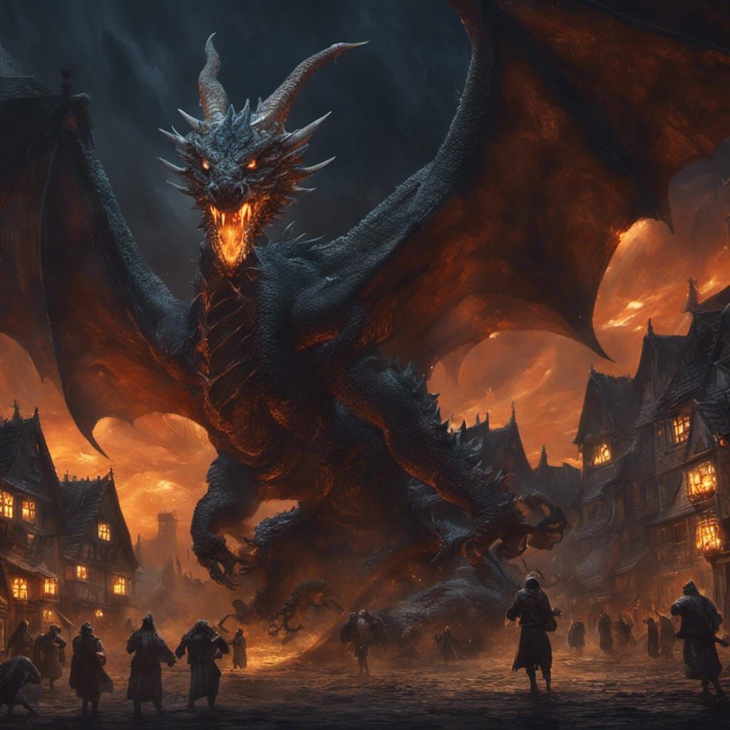 Godly Dragon Attacks Village: Dark Fantasy Concept Art