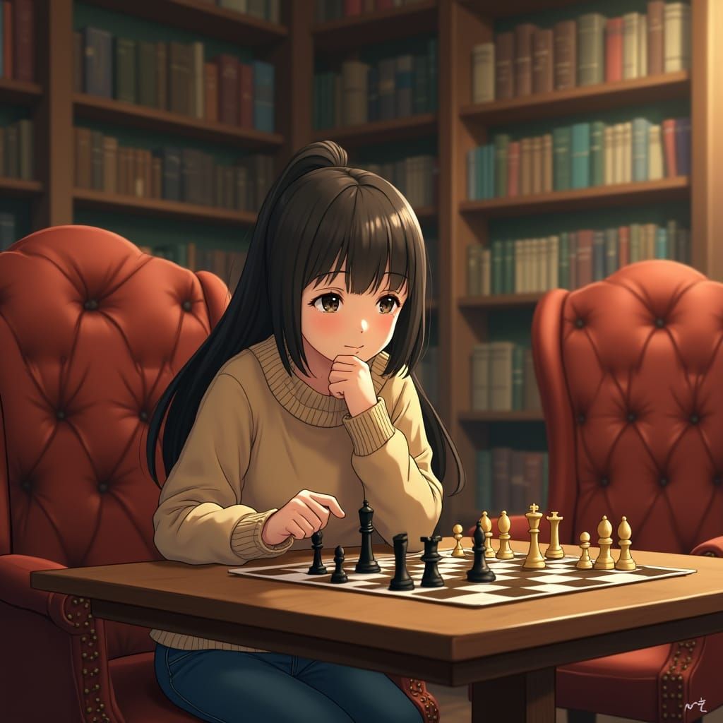 Girl Playing Chess in Anime Style Study