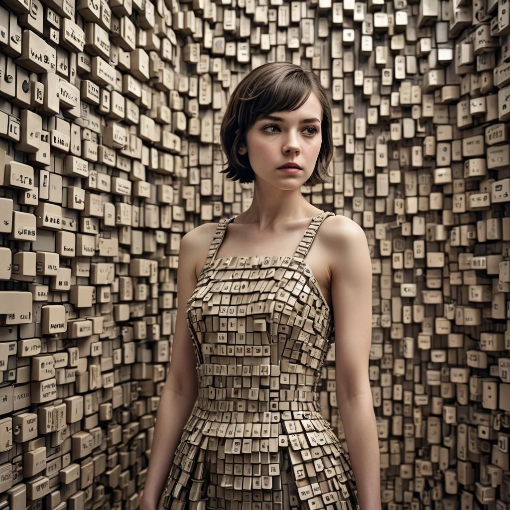 Woman in Keyboard Dress in Ballroom: Hyperrealistic Image