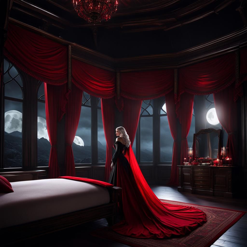 Vampire Gazing at Moon in Dark Castle Bedroom