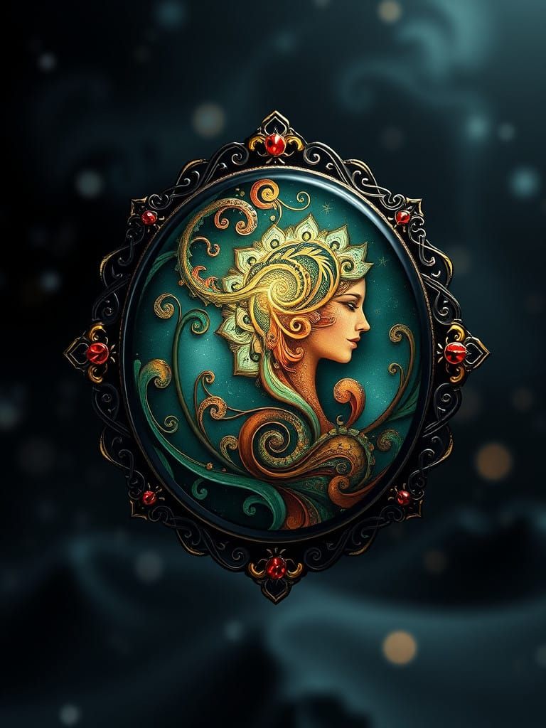 Dark Fantasy Christmas Cameo Brooch in Rich, Abstract Vector...