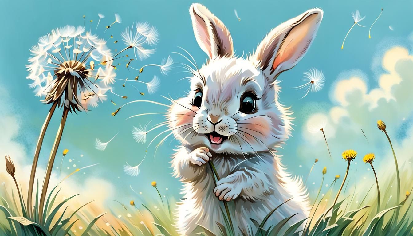 Rabbit and Dandelion in Children's Book Style