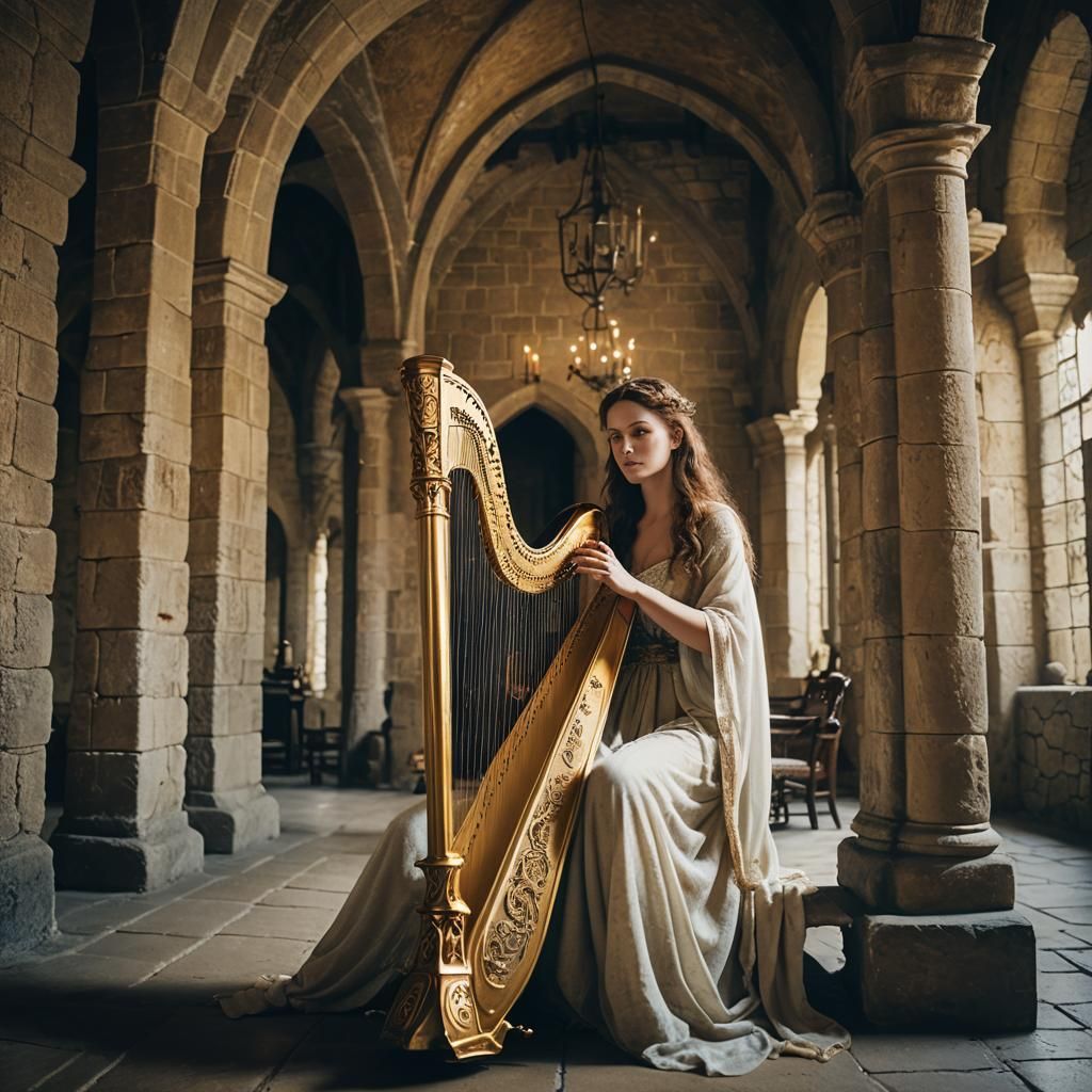 Ethereal Maiden Plays Golden Harp in Castle Hall