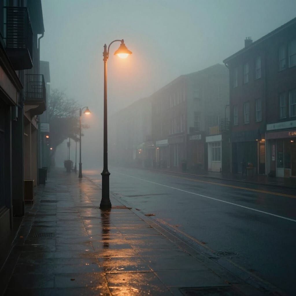 Melancholic City Street at Night in Fog and Rain