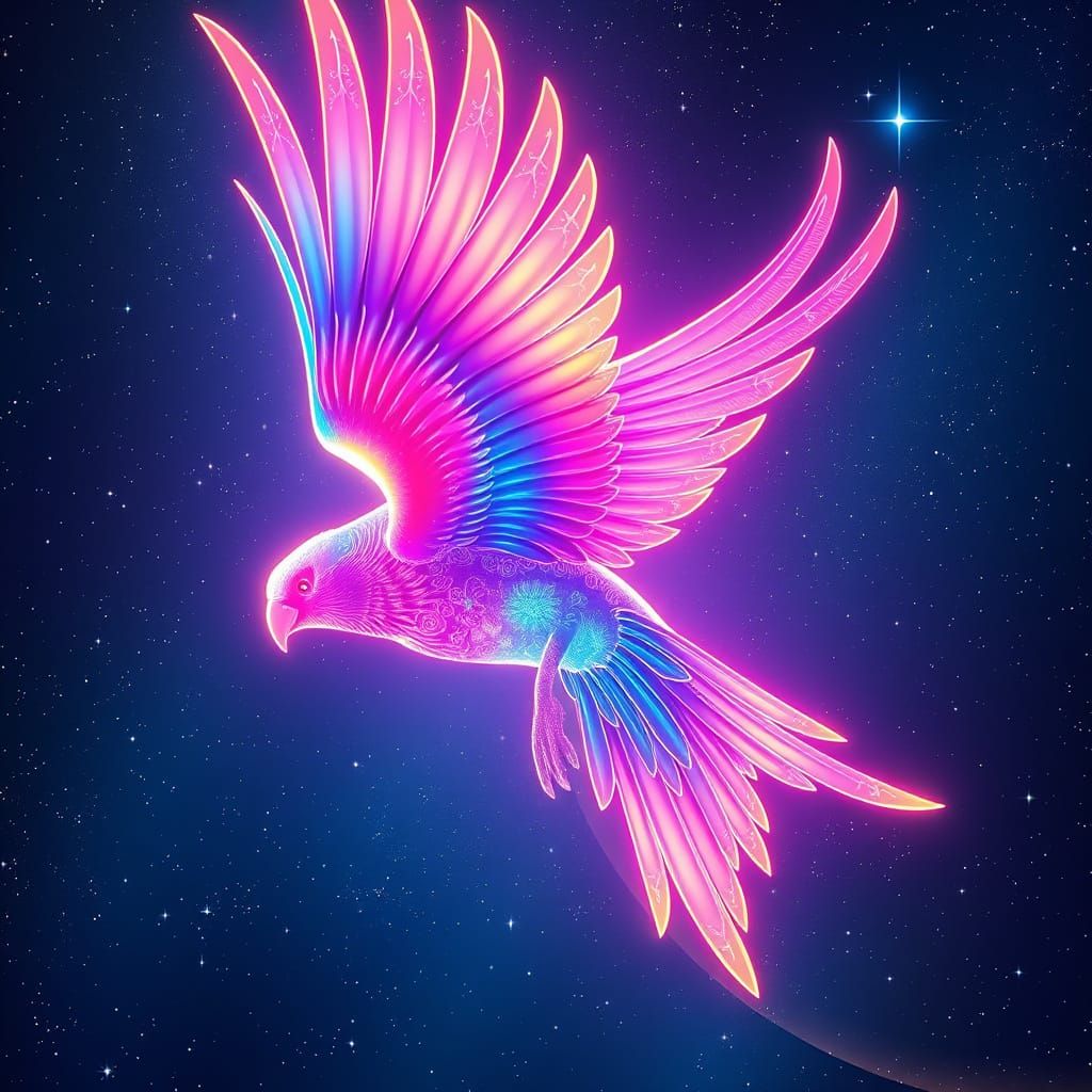 Neon Bird Soars Through Vibrant Star-Studded Night Sky
