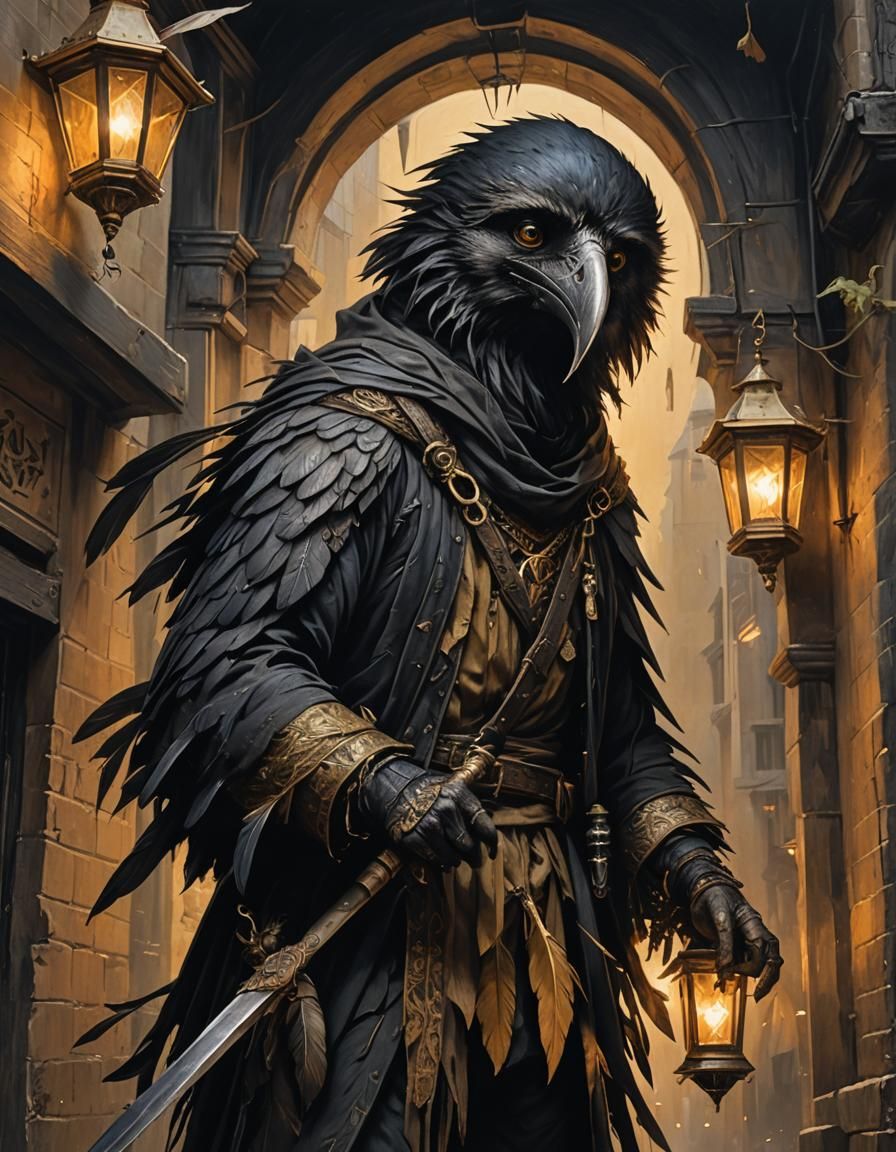 Kenku Child in Shadowy Street: Hyper-Realistic Fantasy Art