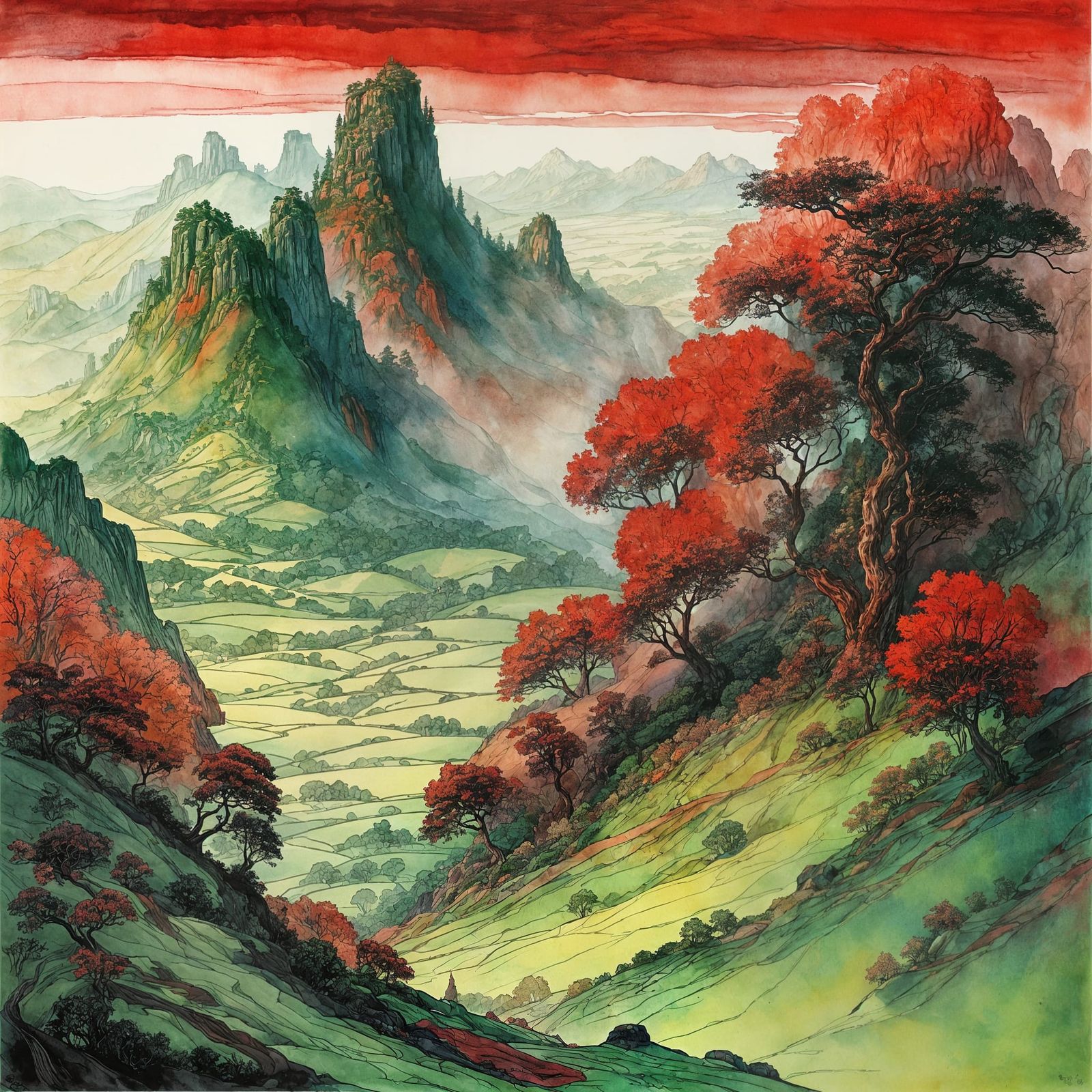 Epic Landscape in Ink and Watercolor Style