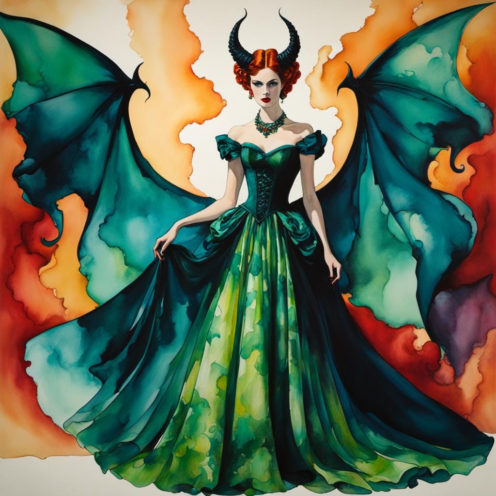 Elegant Demon Dress Shopping in Cel-Shaded Alcohol Ink