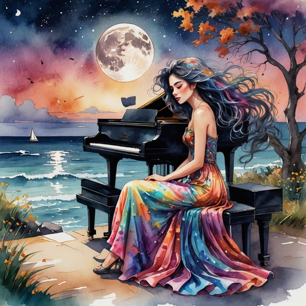 Emotional Girl Plays Piano in Watercolor Moonscape