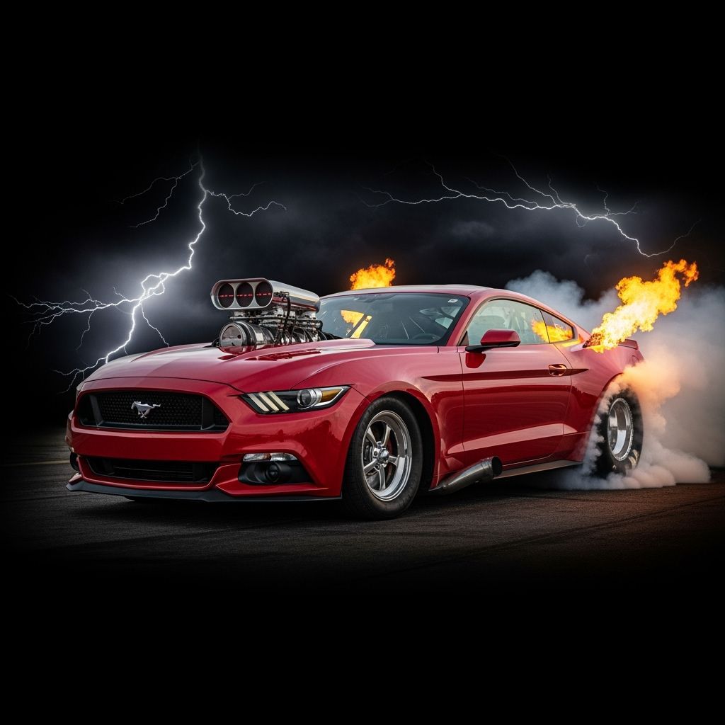Race Red Mustang with Flames and Lightning