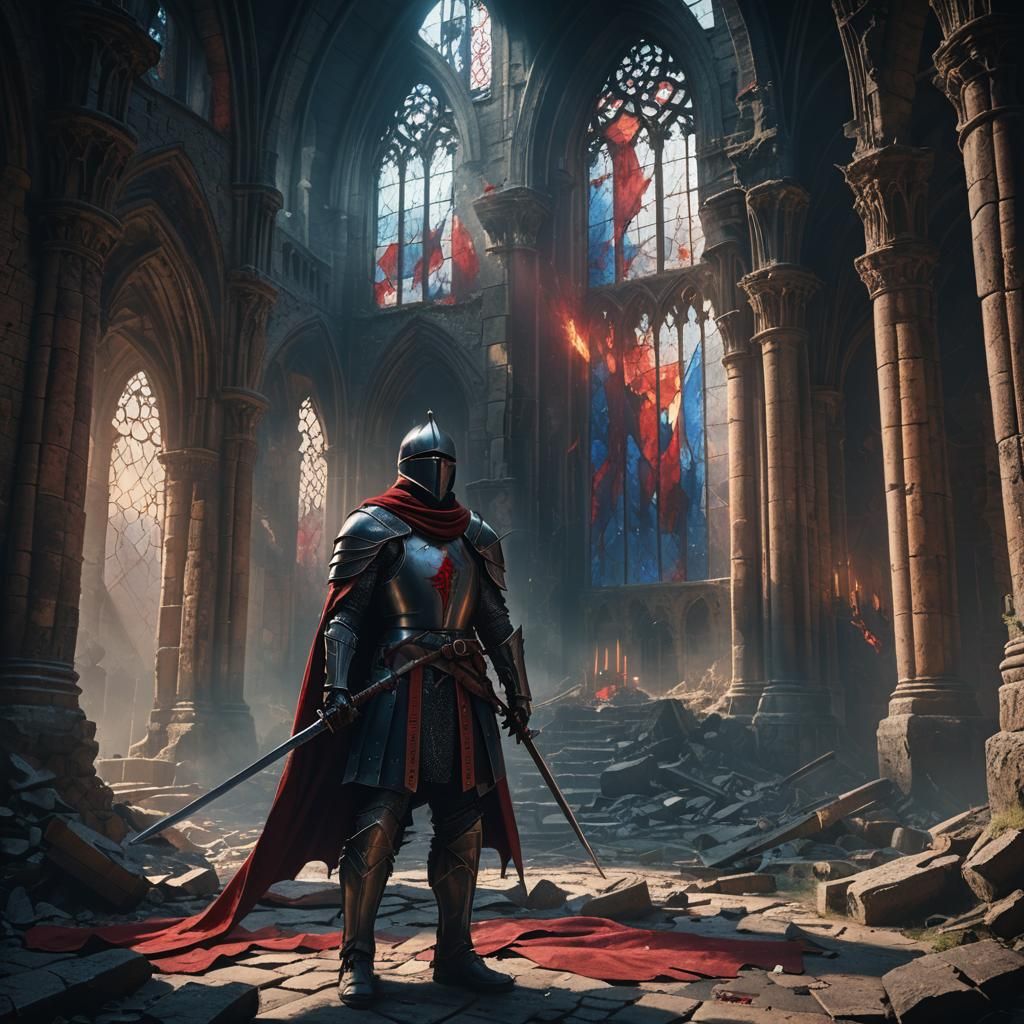 Knight in Ruined Castle: Dark Fantasy Concept Art