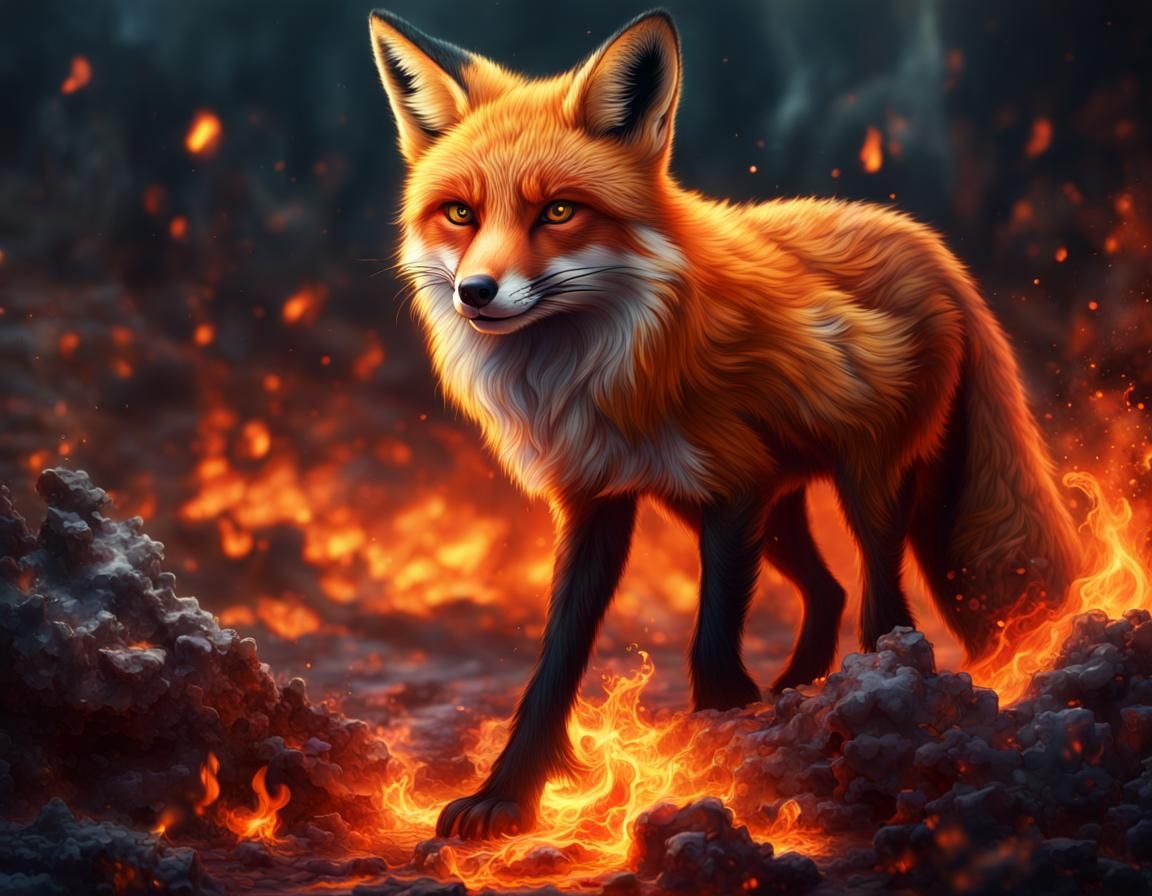 Red Fox with Fire in Detailed Matte Painting