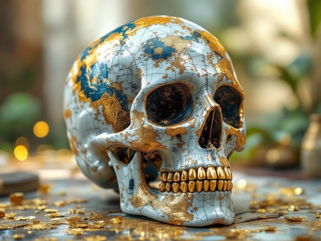 Golden World Map Skull with Kintsugi Cracks