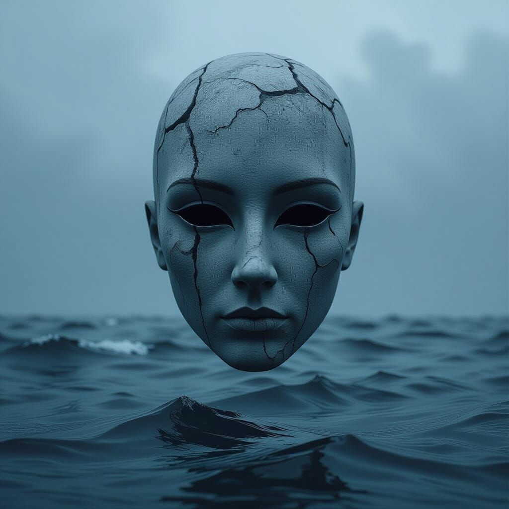 Eerie Mask Floats Over Stormy Ocean, Surreal Digital Art