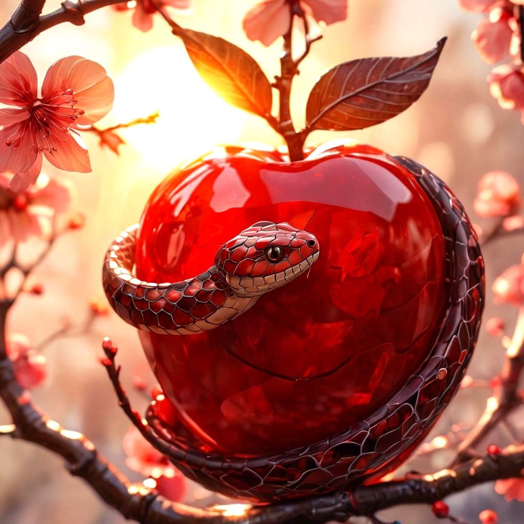 Monochromatic Stained Glass Snake with Apple and Cherry Blos...