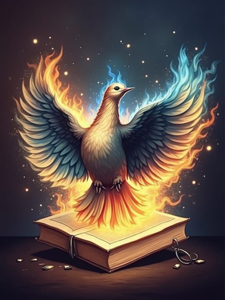 Dove Rising from Burning Bible with Blue Flames
