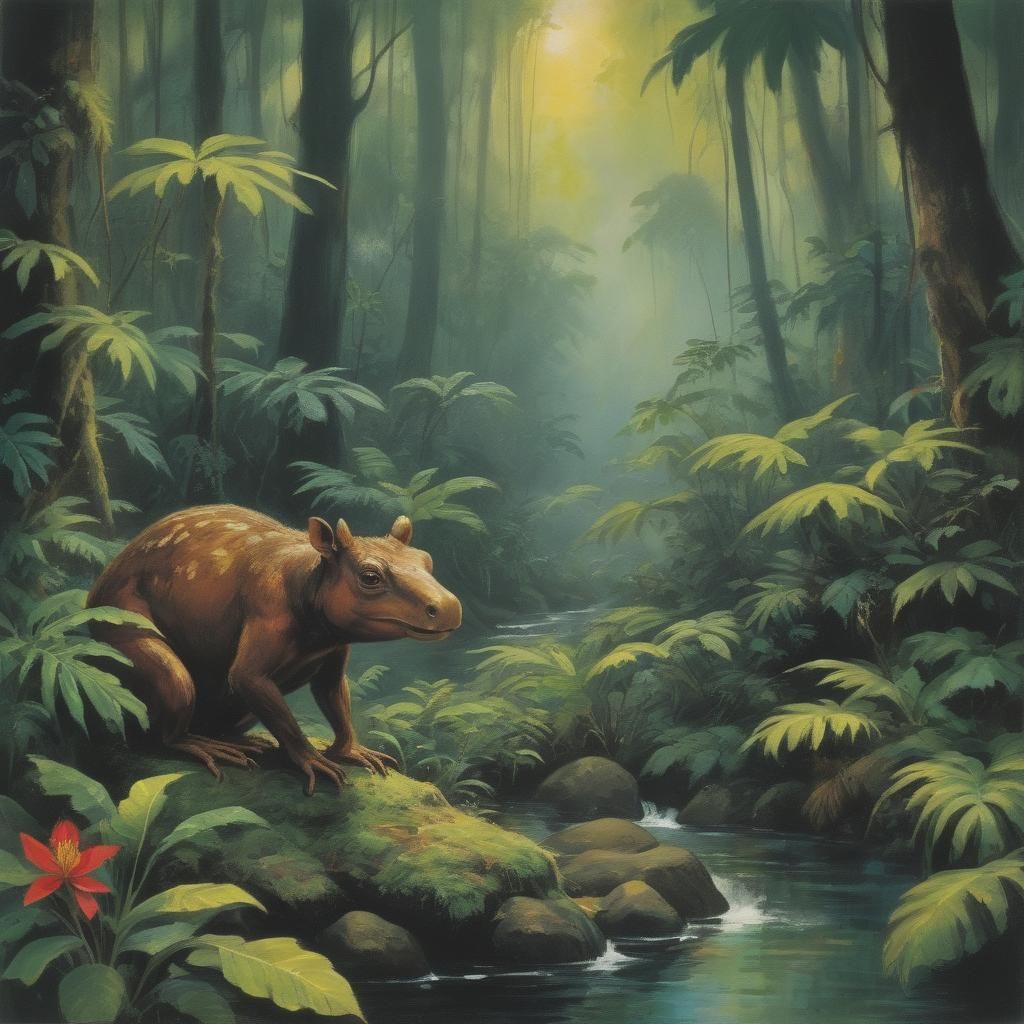 Surreal Moosefrog in Rainforest, Expressionist Painting