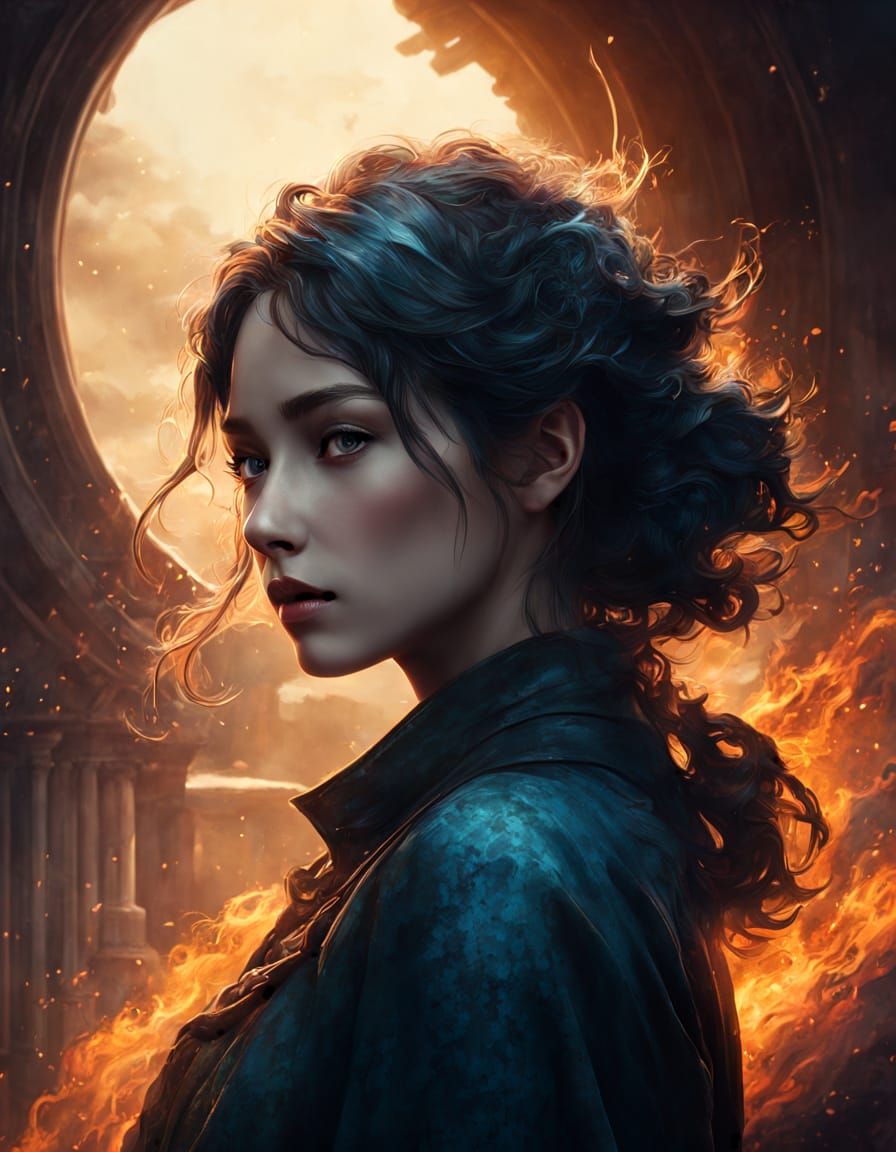 Surreal Portrait of a Serene Woman with a Turbulent Stormy S...