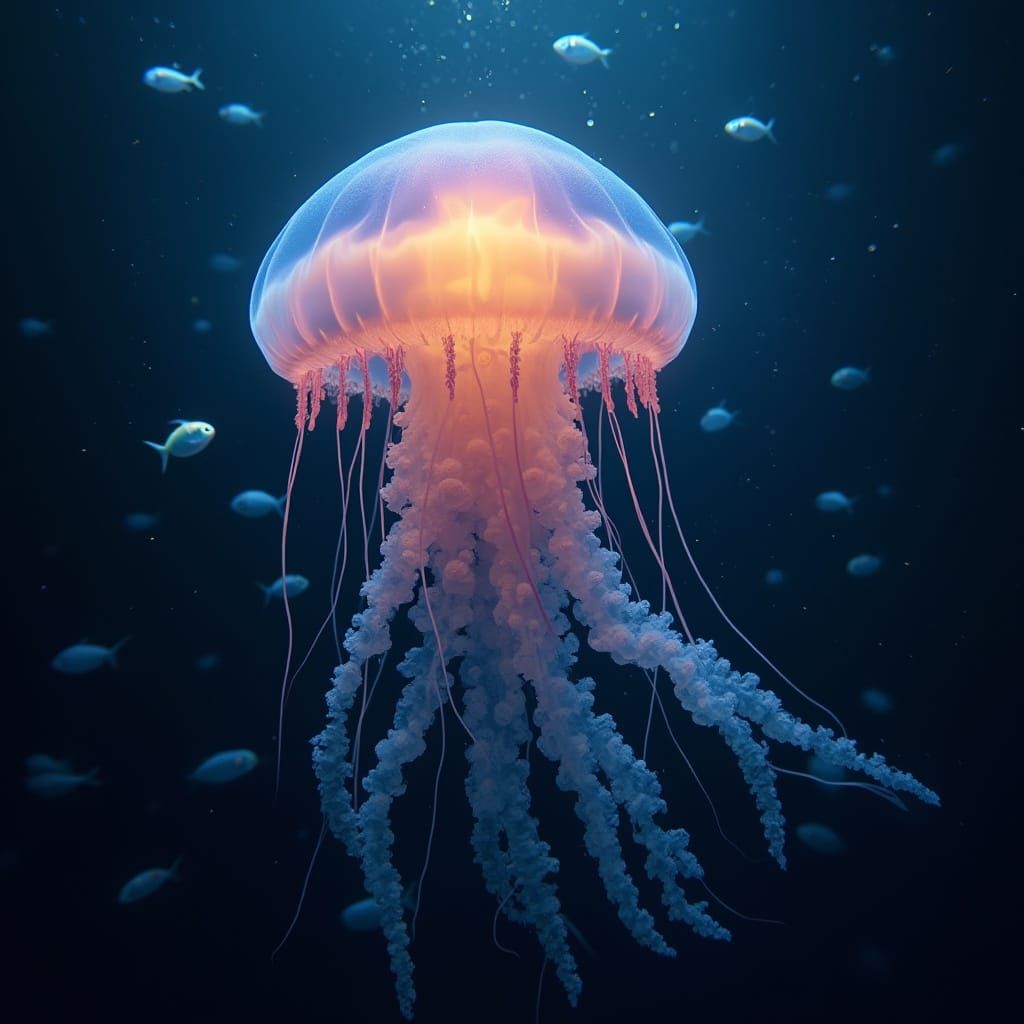 Glowing Deep-Sea Jellyfish in a Dreamlike Underwater Scene