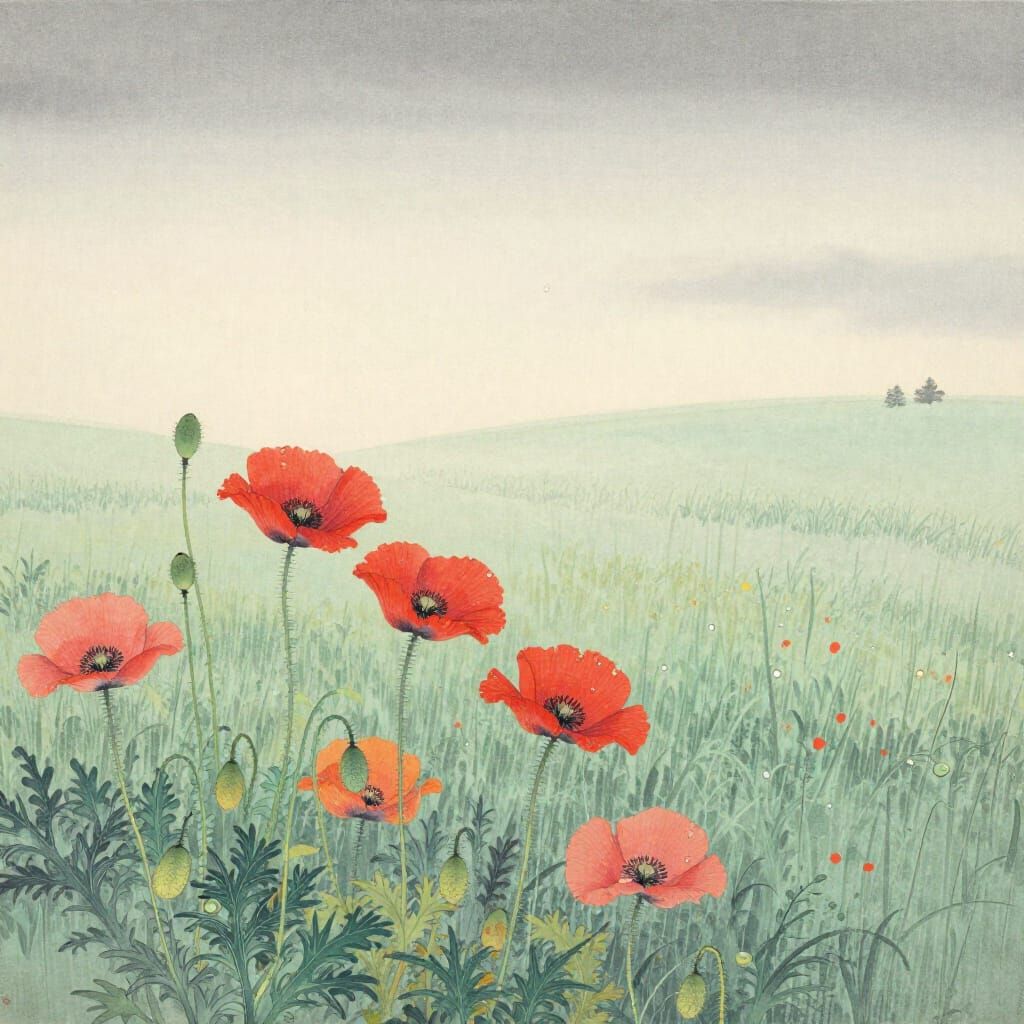Yamato-e Summer Meadow with Poppies and Rain